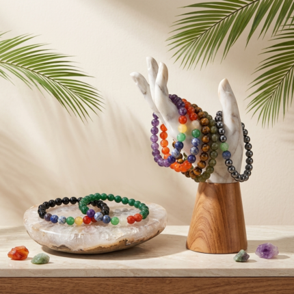 Natural 7 Chakra Crystal Bracelet with Black Onyx (8mm)